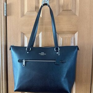 Coach Black Leather Tote with Silver Accents